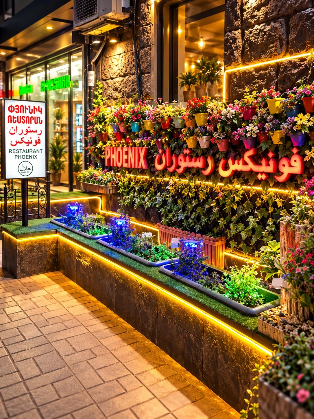 Phoenix storefront at night: a wall of flower pots, the red Phoenix sign and the halal sign by the pavement