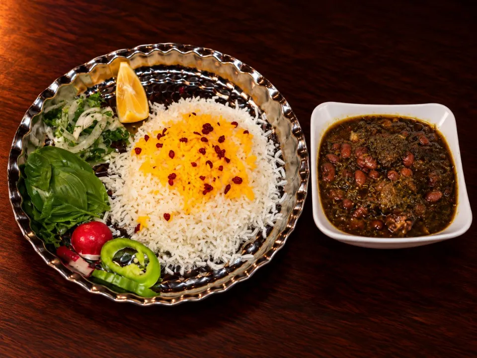 A bowl of ghormeh sabzi herb stew