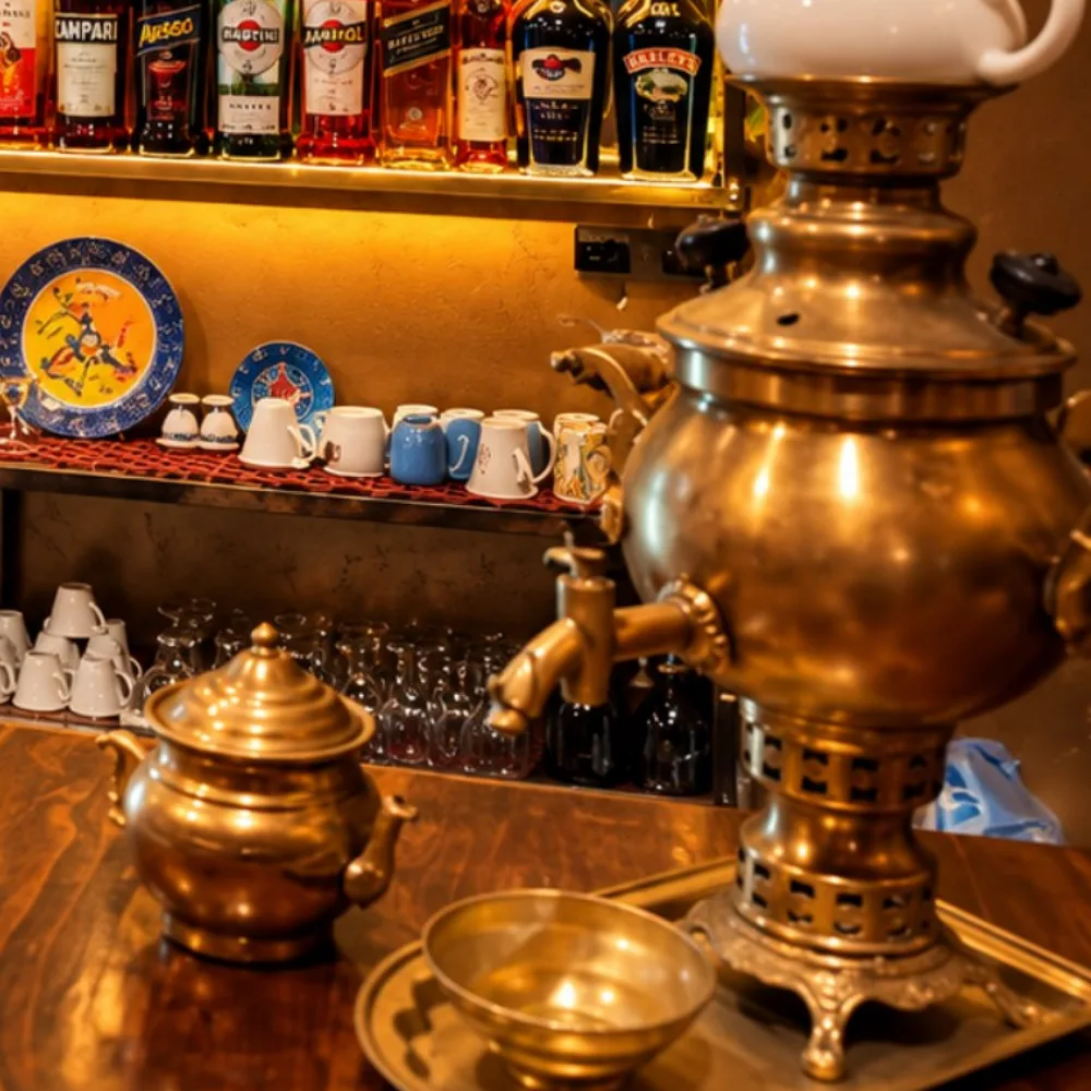 A brass samovar with a white teapot, a brass teapot and bowl on the wooden counter